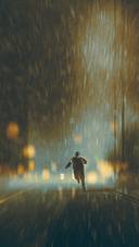 Man running in heavy rainy night