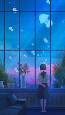 Girl Looking at Sea Creatures Outside The Window
