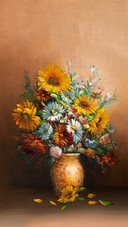 Oil Painting Depicting Still Life of Flowers in Vase