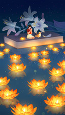 A girl releases river lanterns on the start of autumn