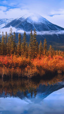 The autumn of zhusha lake paints the banff area