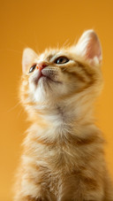 A little orange cat with a yellow background