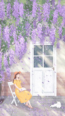 The girl is sitting under the flower tree and reading a