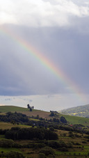 The rainbow bridge spans across the lush mountain view.