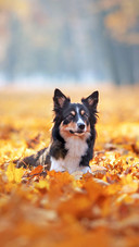 A Dog Sitting in The Yellow Leaves in Autumn in The Park