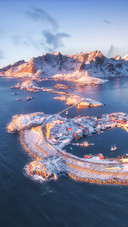 Aerial View of Reine and Hamnoy at Sunset in Winter