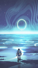 Spaceman Walking on Planet with Glowing Blue Ring Light