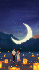 Couple Walking Holding Hands Under The Moon