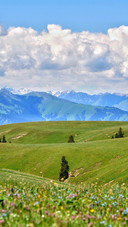 The snowcapped mountains of tianshan reflect the clouds