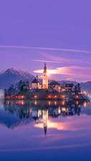 Beautiful panoramic view of Lake Bled by full moon