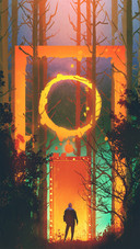 A Man in The Forest with Fantasy Gate, Illustration Painting
