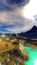 The mountains and water are rendered