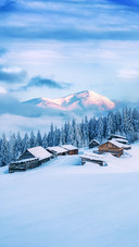 Wooden House in Winter Forest
