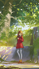 Girl in A Red Dress is Standing Under The Big Tree