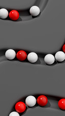 A red and white sphere on a black and gray background