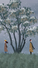 Couple Standing Under A Tree With Snow Falling