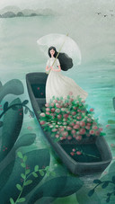 Girl With Umbrella Standing on The Boat