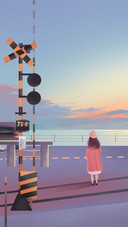Seaside Girl Sunset Art Hand-Painted Illustration