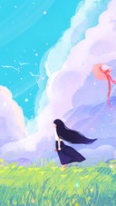 The Wind Blows The Girl's Hair on The Grass