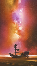 The abandoned boat beneath the milky way