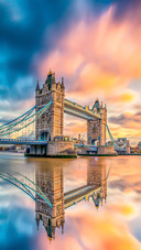 Tower Bridge Sunset Reflected In River Thames. London