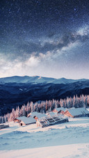 Snowy Mountains And wooden Houses Under The Stars