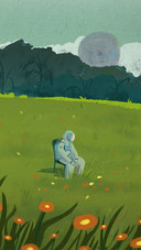 Astronaut Sitting Alone on The Grass