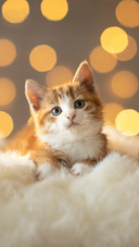 A Small Red Kitten with a Gift Sits Looking at the Camera