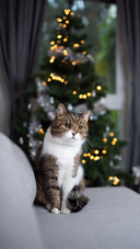 Shorthair Cat Sitting on Couch in Front of Christmas Tree