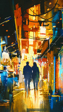 Couple walking in alley with colorful lights