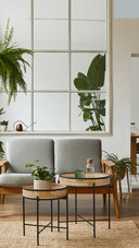 Living Room with Design Grey Sofa, Armchair and Coffee Table