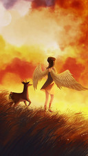 Angel And Deer Under Beautiful Clouds