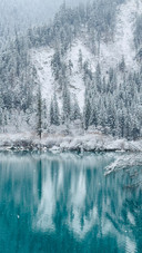 The snowcovered forests and the sapphire blue lake