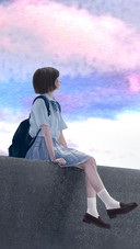 Girl Sitting on The Steps Looking to The Sky