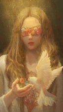 Pigeon and blindfold girl