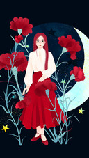 Girl in Red Dress Sitting Among Flowers