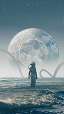 An Astronaut Looking at  The Planet in The Strange Sea