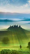 view of green fields and meadows at sunset in Tuscany