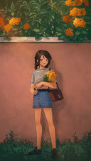 Girl Holding Flowers Standing Under The Wall