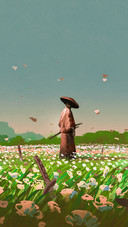 Samurai Standing among the Swords Impaled on the Ground