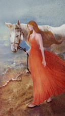 Woman Leading A White Horse Walking by The River
