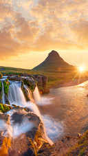 Beautiful Landscape with Sunrise on Kirkjufellsfoss Waterfal