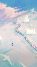 Little Girl And Rabbit in A Dreamy Scene