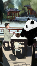 A Panda Sits Opposite The Man Drinking Tea
