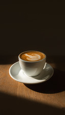 A coffee in a white cup on wooden table