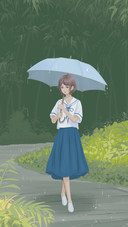 Girl With Umbrella Walking Down The Path
