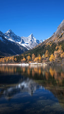 Forest And Lake Under The Snow Mountain