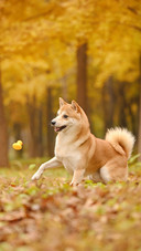 A shiba inu among the fallen leaves in autumn