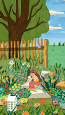 The girl is sitting in the garden