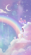 Girl And Cat Are Under The Rainbow